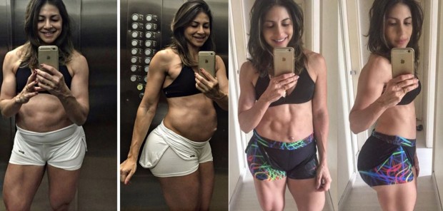 Nos dois primeiros quadros Gabriela Zugliane aparece grávida de 8 meses. Nos outros dois, mostra a barriga depois de 10 dias de dar à luz.