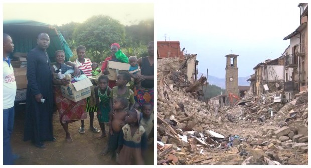 O padre Ngamouna em Kingoué, no Congo, e a cidade italiana de Amatrice, devastada. Fotos: Amici Senza Confini Onlus e La Repubblica.