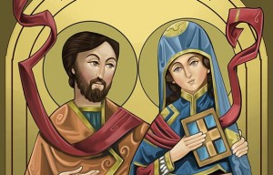 7 fatos sobre a vida dos leigos nos primeiros séculos do cristianismo Ilustração do artista cristão copta egípcio Mina Anton, retratando os santos Áquila e Priscila.