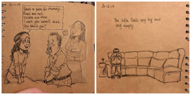 Sua esposa morreu e ao desenhar seus sentimentos ele encontrou um meio de superar a dor