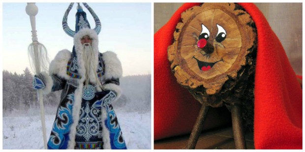 O russo Ded Moroz, em seu traje azul, e o tronco Tió Nadal, típico da Catalunha.