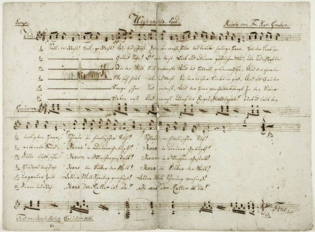 O manuscrito mais antigo com a canção, um autógrafo do seu compositor, padre Joseph Mohr. Foto: Stille Nacht Museum